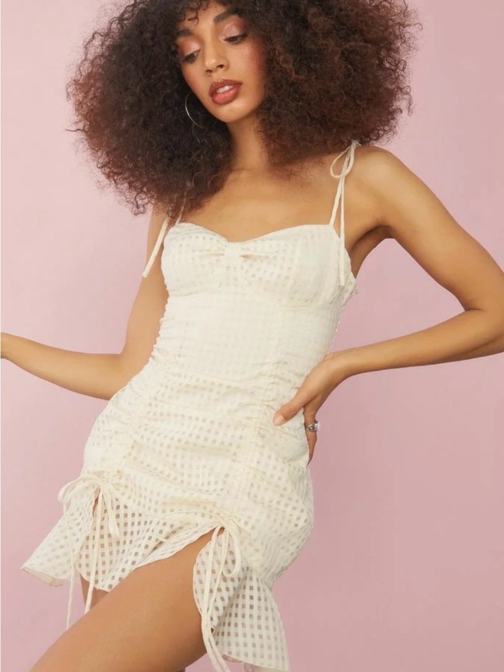 Sugar Thrillz Cream Gingham Tie-Detail Mini Dress